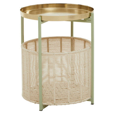 Green Iron Two-Tier Side Table with Gold Finish Iron Top and Natural Cotton Lower Storage | Sabia