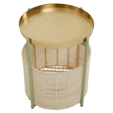Green Iron Two-Tier Side Table with Gold Finish Iron Top and Natural Cotton Lower Storage | Sabia