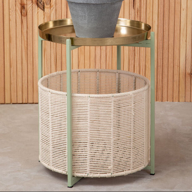 Green Iron Two-Tier Side Table with Gold Finish Iron Top and Natural Cotton Lower Storage | Sabia