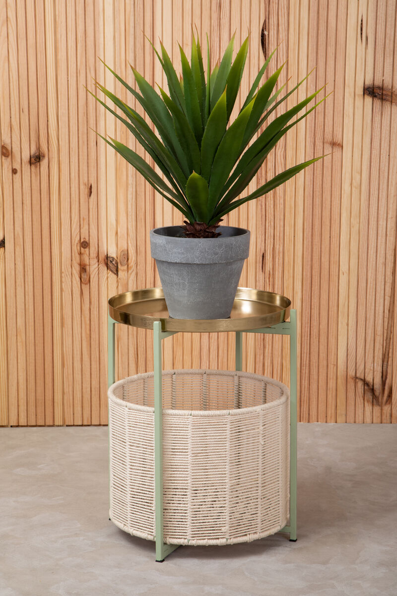 Green Iron Two-Tier Side Table with Gold Finish Iron Top and Natural Cotton Lower Storage | Sabia