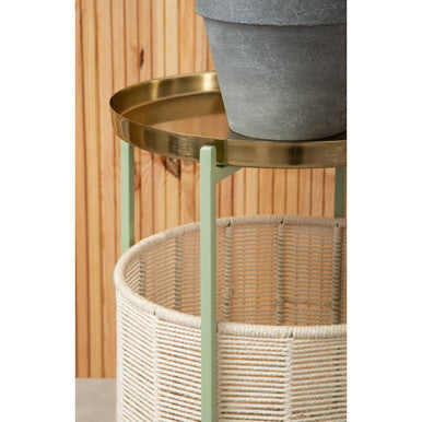 Green Iron Two-Tier Side Table with Gold Finish Iron Top and Natural Cotton Lower Storage | Sabia