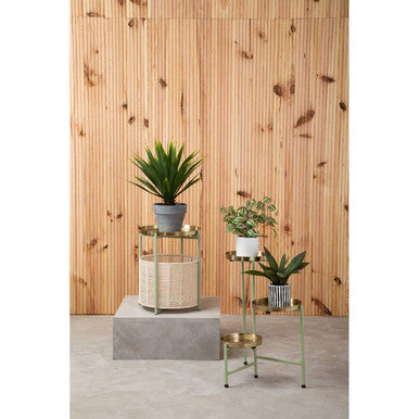 Green Iron Two-Tier Side Table with Gold Finish Iron Top and Natural Cotton Lower Storage | Sabia