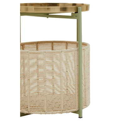 Green Iron Two-Tier Side Table with Gold Finish Iron Top and Natural Cotton Lower Storage | Sabia