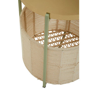 Green Iron Two-Tier Side Table with Gold Finish Iron Top and Natural Cotton Lower Storage, Sabia