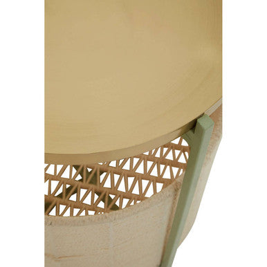 Green Iron Two-Tier Side Table with Gold Finish Iron Top and Natural Cotton Lower Storage | Sabia