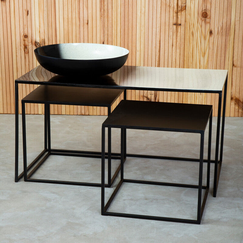 Three Piece Black and White Ombre Coffee Table Set with Slim Metal Frame, Ramus