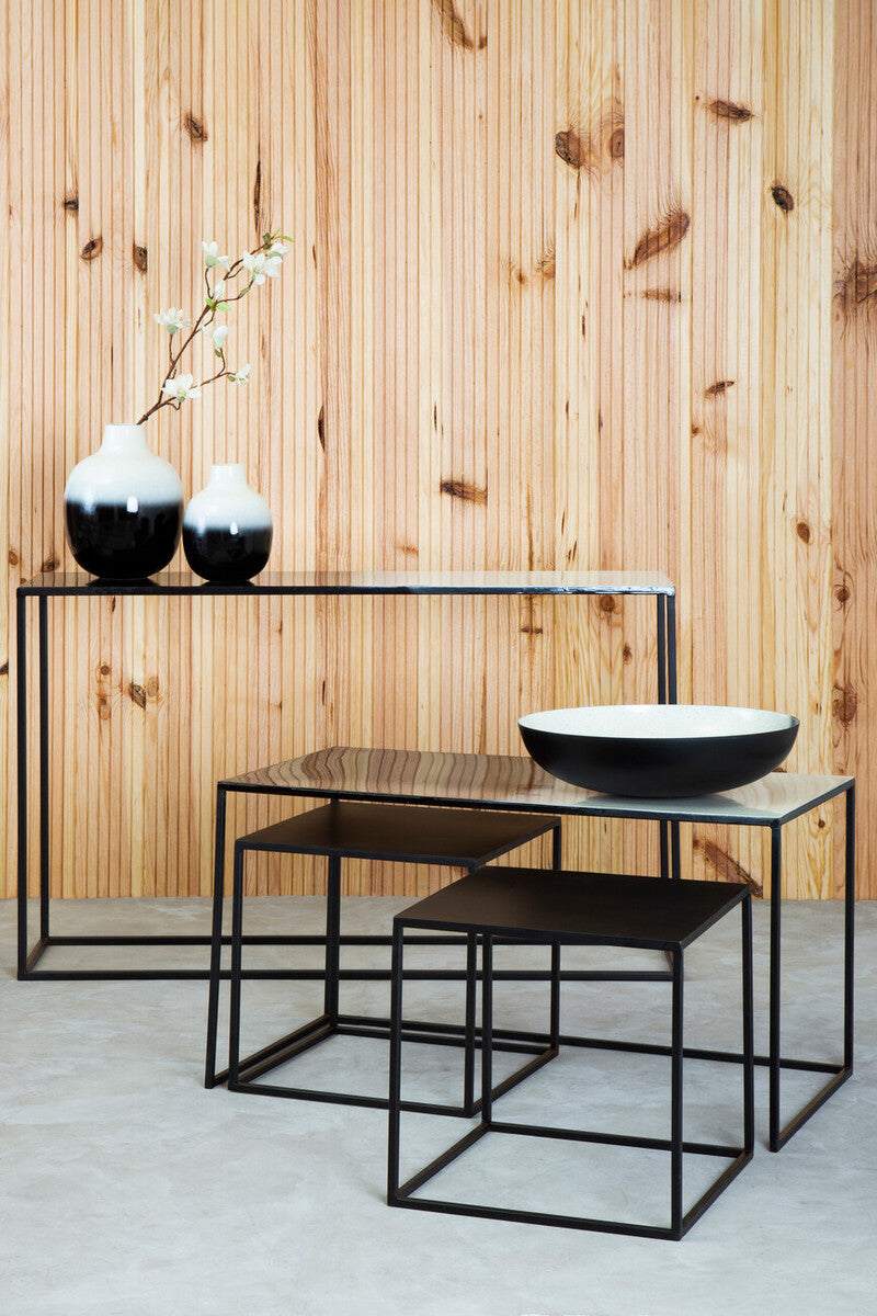 Three Piece Black and White Ombre Coffee Table Set with Slim Metal Frame, Ramus