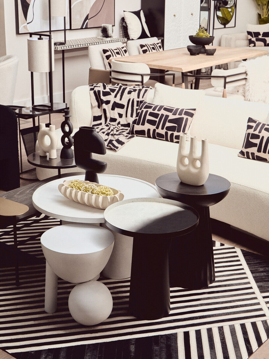 Black and White Round Metal Top Side Table with Black Pedestal Base, Ramus