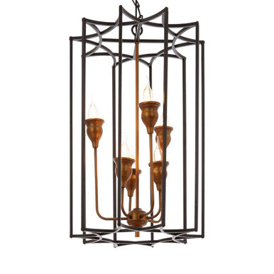 Allas Matte Black and Bronze Metal 6 Bulb Pendant Light
