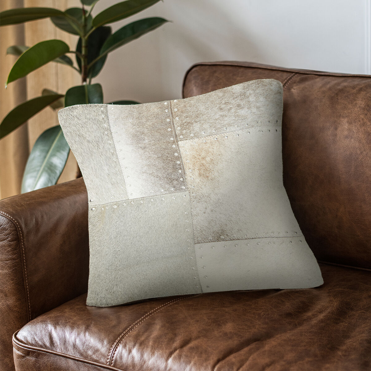 Bosie Safira Grey Hair on Leather Patchwork Cushion