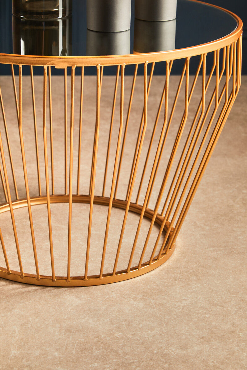 Gold Finish Tapered Design Round Side Table with Mirrored Top, Avantis
