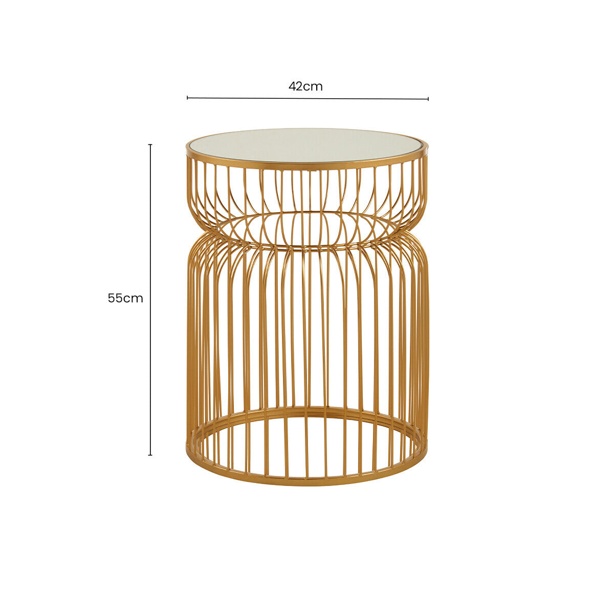 Gold Metal Wireframe Round Side Table with Mirrored Top, Avantis