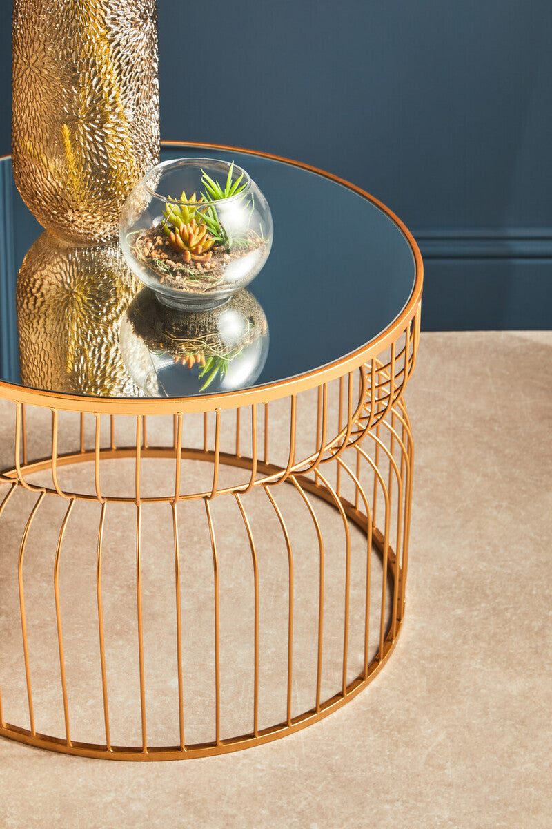 Round Gold Wireframe Side Table with Mirrored Top, Avantis