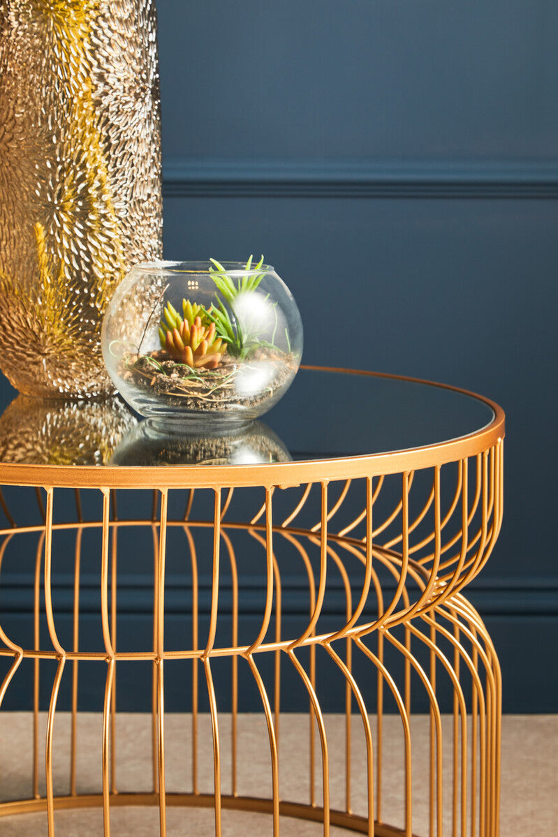 Round Gold Wireframe Side Table with Mirrored Top, Avantis