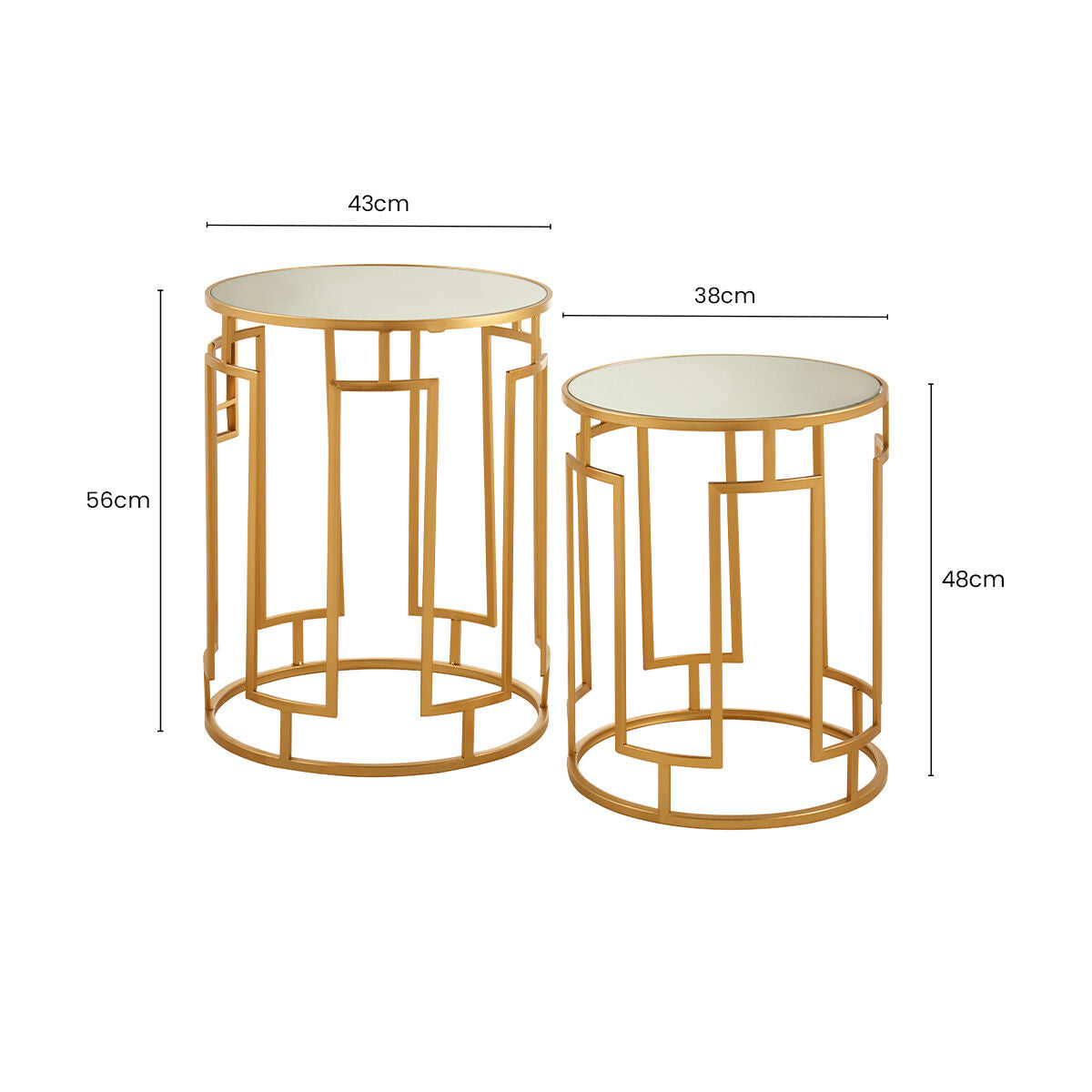 Set of 2 Gold Mirrored Top Round Side Tables with Gold Metal Frame, Avantis