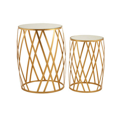 Set of 2 Gold Mirrored Glass Top Side Tables with Gold Metal Cross Design Frame, Avantis