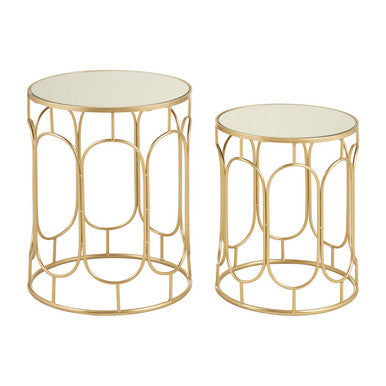 Set of 2 Mirrored Glass Top Nesting Side Tables with Gold Champagne Metal Frame, Avantis