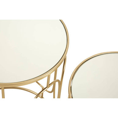 Set of 2 Mirrored Glass Top Nesting Side Tables with Gold Champagne Metal Frame, Avantis