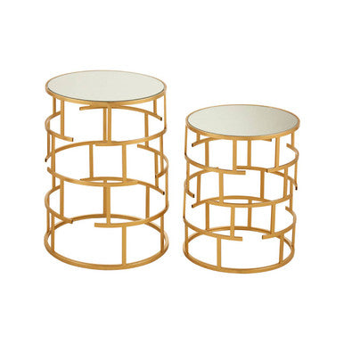 Set of 2 Mirrored Glass Top and Gold Maze Design Base Side Tables, Avantis