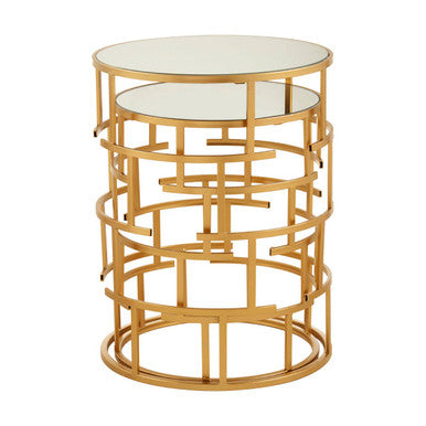 Set of 2 Mirrored Glass Top and Gold Maze Design Base Side Tables, Avantis