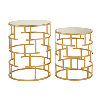 Set of 2 Mirrored Glass Top and Gold Maze Design Base Side Tables, Avantis