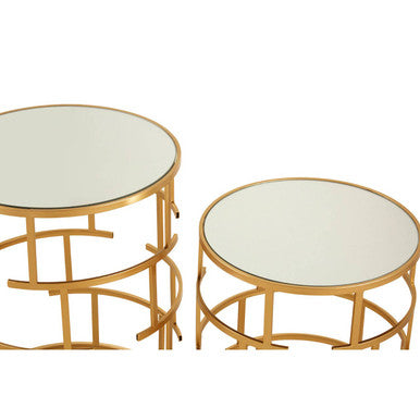 Set of 2 Mirrored Glass Top and Gold Maze Design Base Side Tables, Avantis