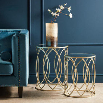 Set of 2 Mirrored Glass Top and Gold Champagne Finish Metal Frame Side Tables, Avantis