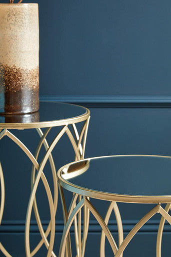 Set of 2 Mirrored Glass Top and Gold Champagne Finish Metal Frame Side Tables, Avantis