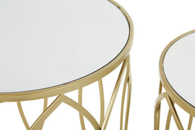 Set of 2 Mirrored Glass Top and Gold Champagne Finish Metal Frame Side Tables, Avantis