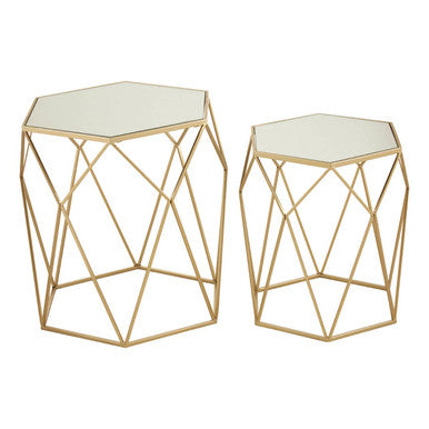Set of 2 Gold Hexagonal Mirrored Top Side Tables with Gold Metal Frame, Avantis
