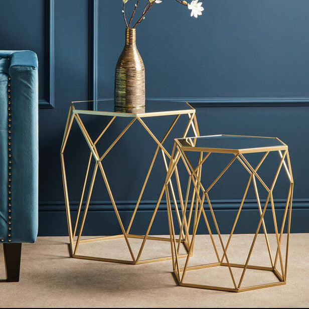 Set of 2 Gold Hexagonal Mirrored Top Side Tables with Gold Metal Frame, Avantis