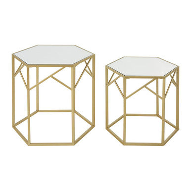 Set of 2 Gold Hexagonal Frame Side Tables with Mirrored Glass Top, Avantis