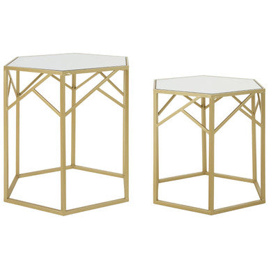 Set of 2 Gold Hexagonal Frame Side Tables with Mirrored Glass Top, Avantis