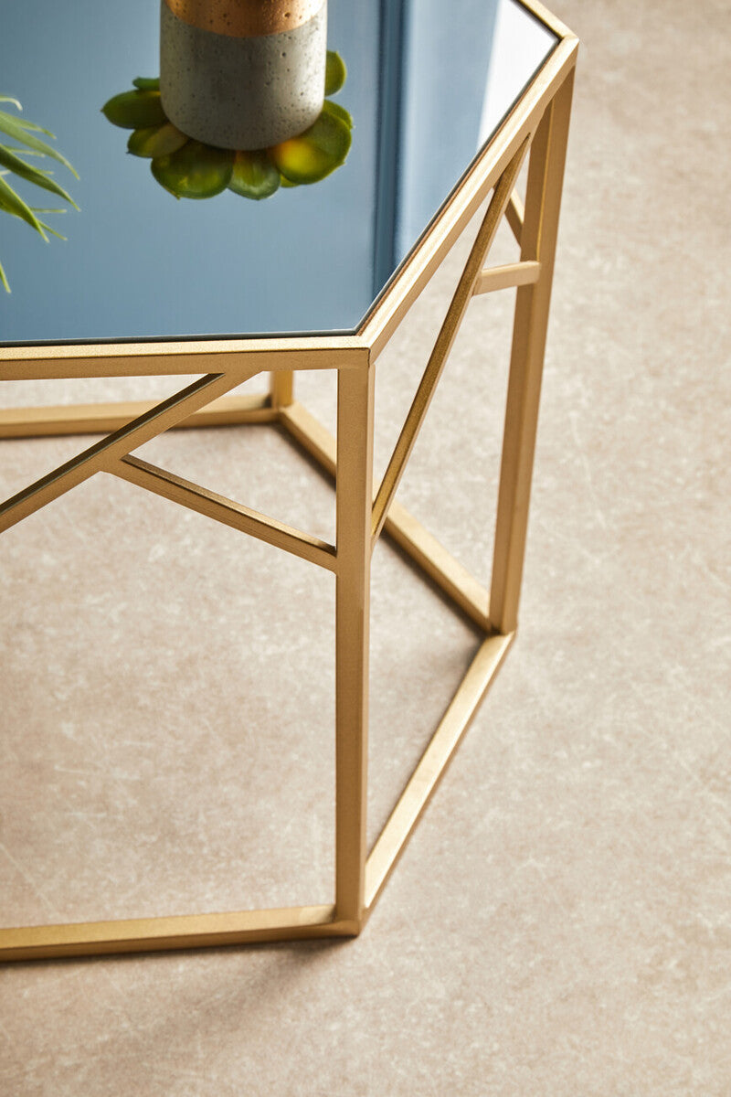 Set of 2 Gold Hexagonal Frame Side Tables with Mirrored Glass Top, Avantis