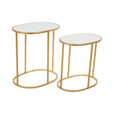 Set of 2 Mirrored Glass Oval Top Side Tables with Gold Finish Metal Frame, Avantis