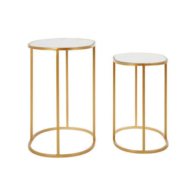 Set of 2 Mirrored Glass Oval Top Side Tables with Gold Finish Metal Frame, Avantis