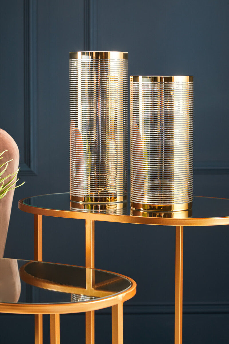 Set of 2 Mirrored Glass Oval Top Side Tables with Gold Finish Metal Frame, Avantis