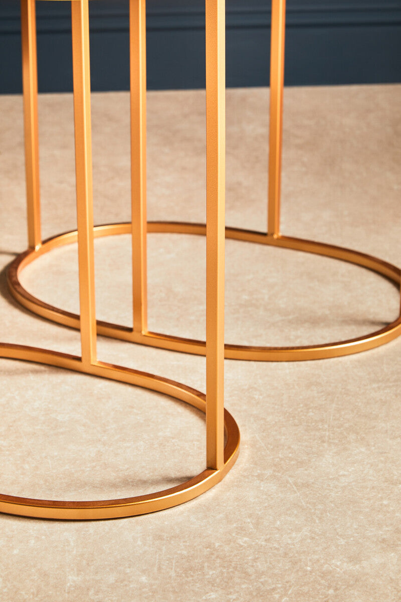 Set of 2 Mirrored Glass Oval Top Side Tables with Gold Finish Metal Frame, Avantis