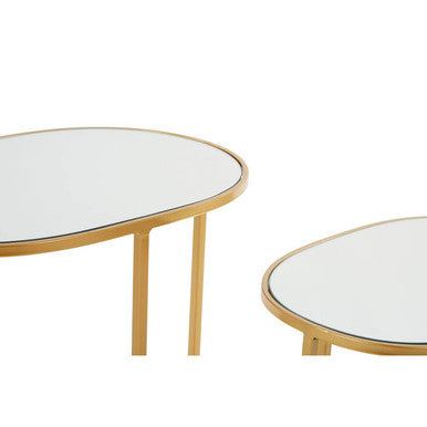 Set of 2 Mirrored Glass Oval Top Side Tables with Gold Finish Metal Frame, Avantis