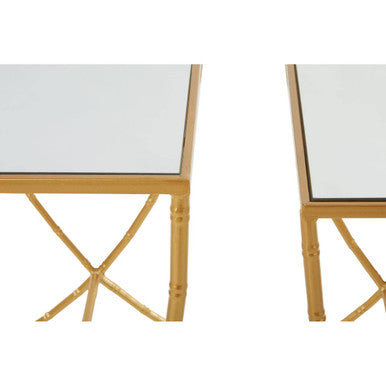 Set of 2 Mirrored Glass Top Rectangular Side Tables with Gold Metal Frame, Avantis
