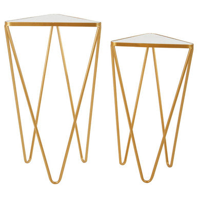 Set of 2 Mirrored Glass Triangle Top Side Tables with Gold Hairpin Legs, Avantis