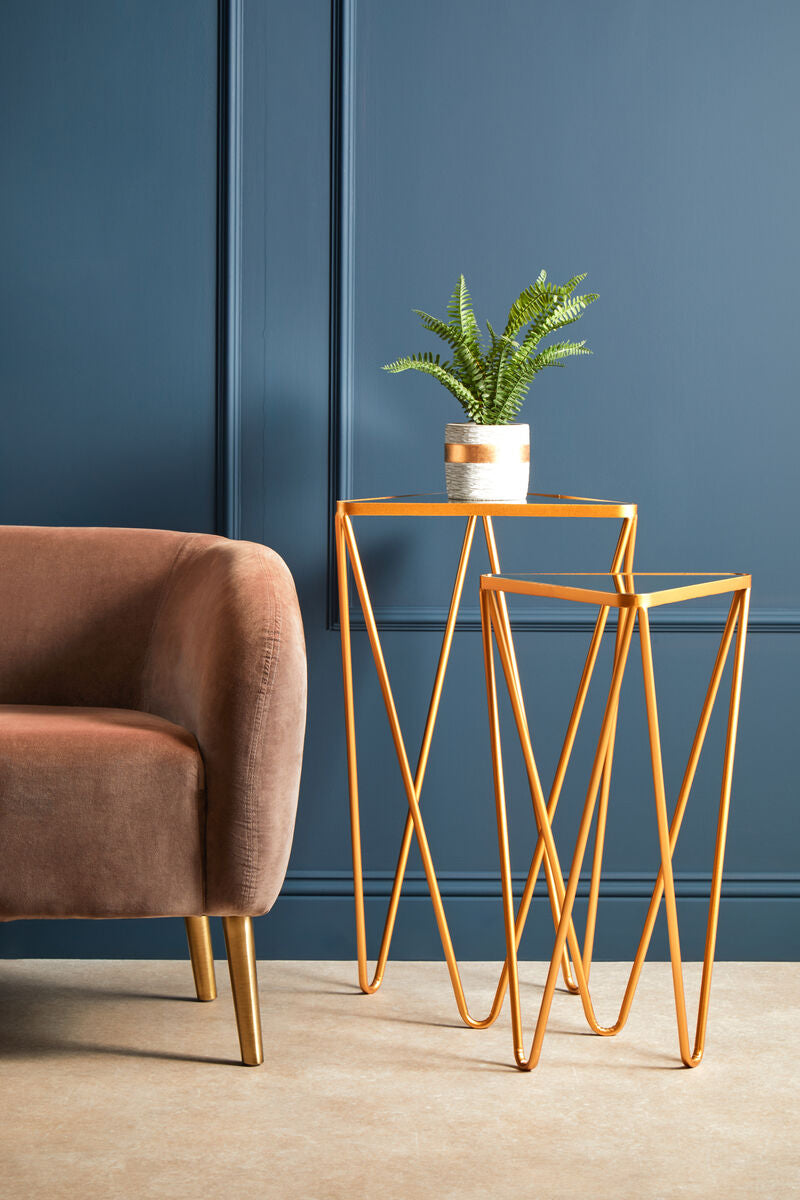 Set of 2 Mirrored Glass Triangle Top Side Tables with Gold Hairpin Legs, Avantis