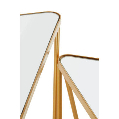 Set of 2 Mirrored Glass Triangle Top Side Tables with Gold Hairpin Legs, Avantis
