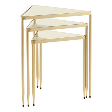 Set of 3 Mirrored Glass Top Triangle Nesting Tables with Gold Champagne Metal Frame, Avantis