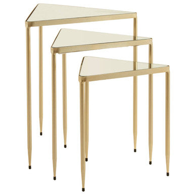 Set of 3 Mirrored Glass Top Triangle Nesting Tables with Gold Champagne Metal Frame, Avantis