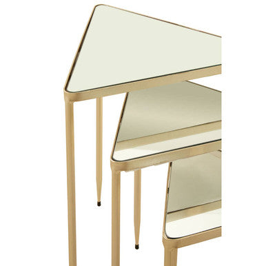 Set of 3 Mirrored Glass Top Triangle Nesting Tables with Gold Champagne Metal Frame, Avantis
