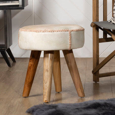 Kendari Hair on Leather and Teak Stool
