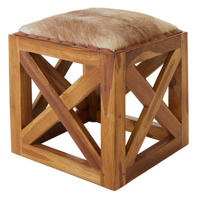 Kendari Natural Hair on Leather Square Stool with Stud Detail