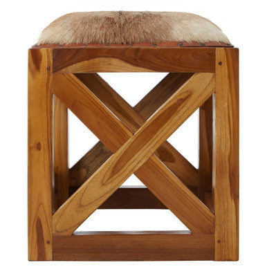 Kendari Natural Hair on Leather Square Stool with Stud Detail