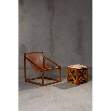 Kendari Natural Hair on Leather Square Stool with Stud Detail
